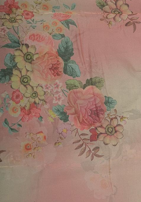 Pink Printed Organza Pre Draped Saree Set