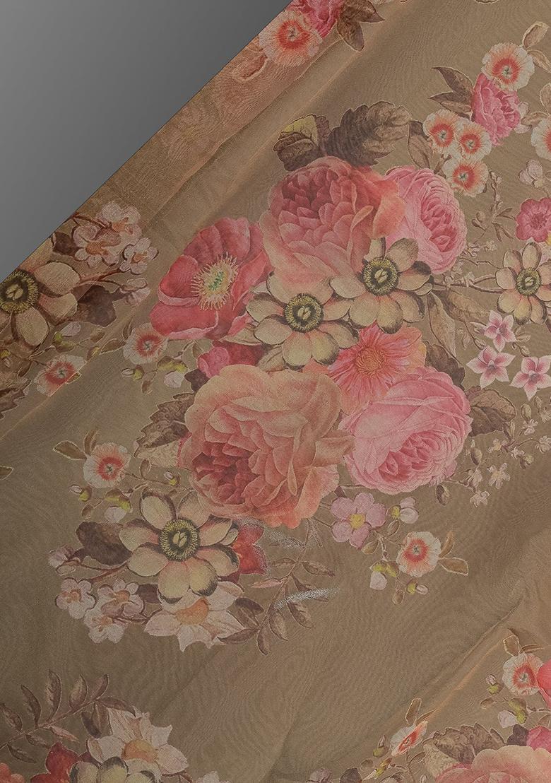 Green Printed Organza Pre Draped Saree Set