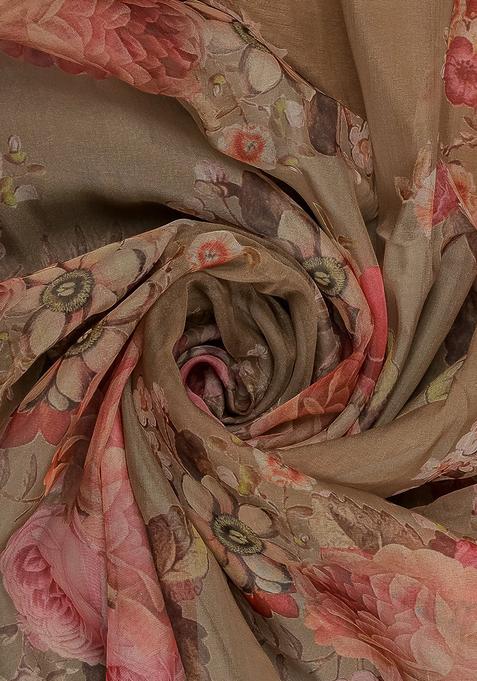 Green Printed Organza Pre Draped Saree Set