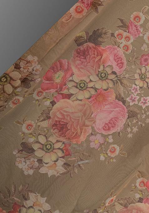 Green Printed Organza Pre Draped Saree Set