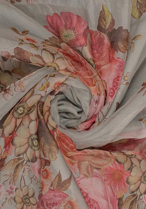 Grey Printed Organza Pre Draped Saree Set