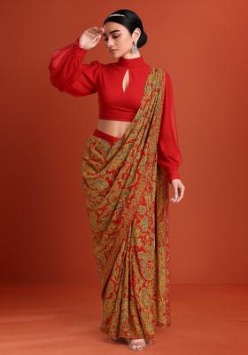 Orange Printed Satin Pre Draped Saree Set
