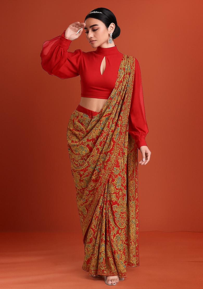 Orange Printed Satin Pre Draped Saree Set - Indya