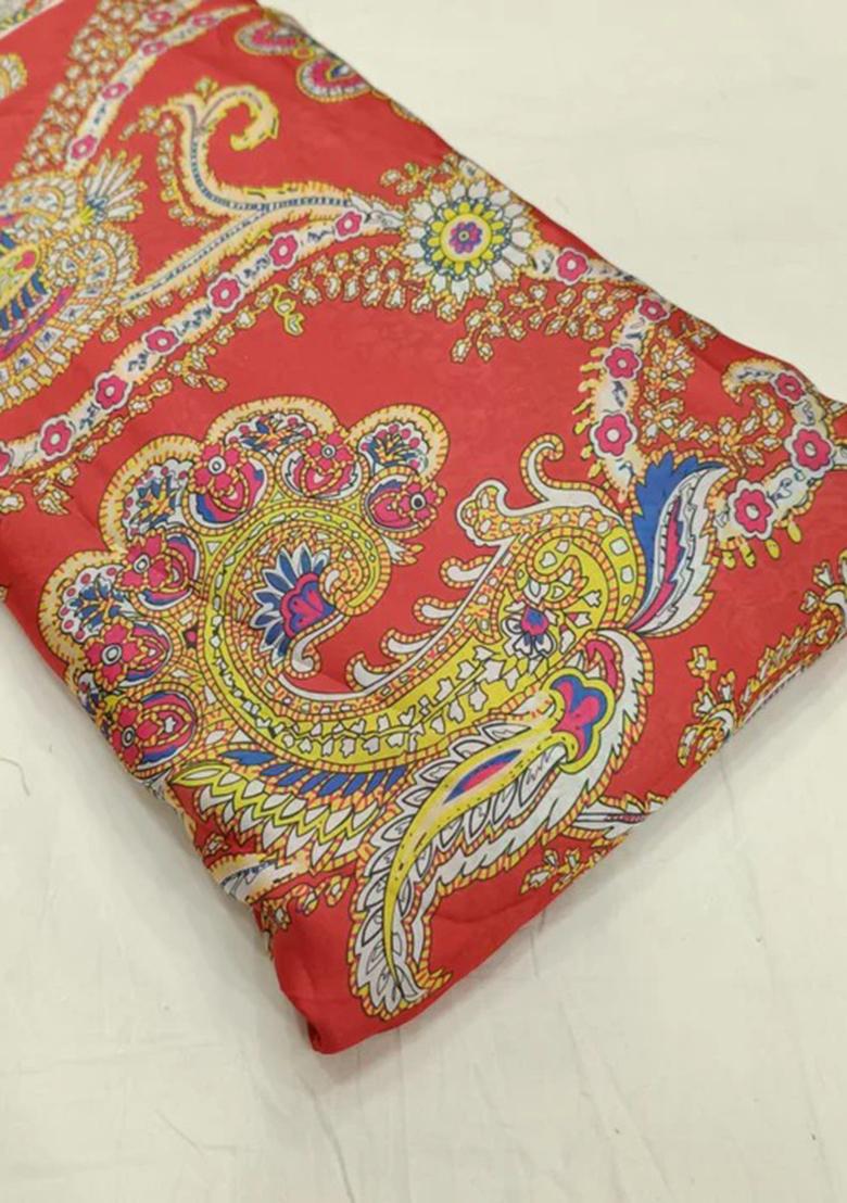 Orange Printed Satin Pre Draped Saree Set - Indya