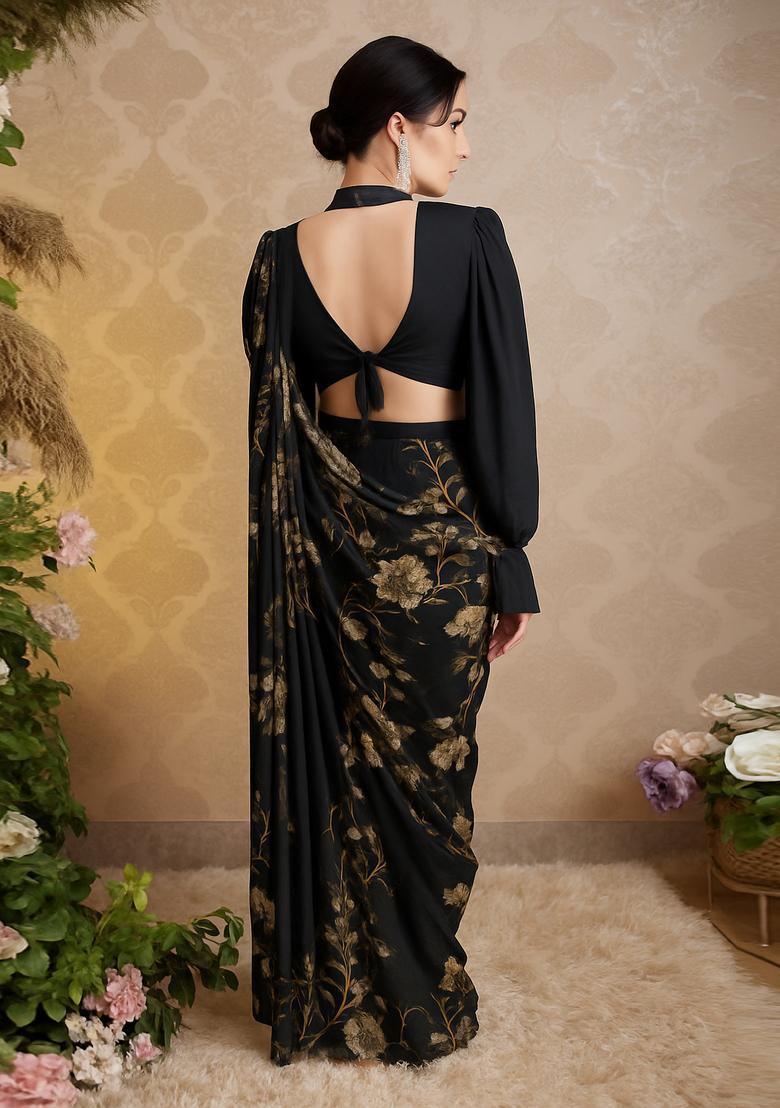 Black Printed Satin Pre Draped Saree Set - Indya