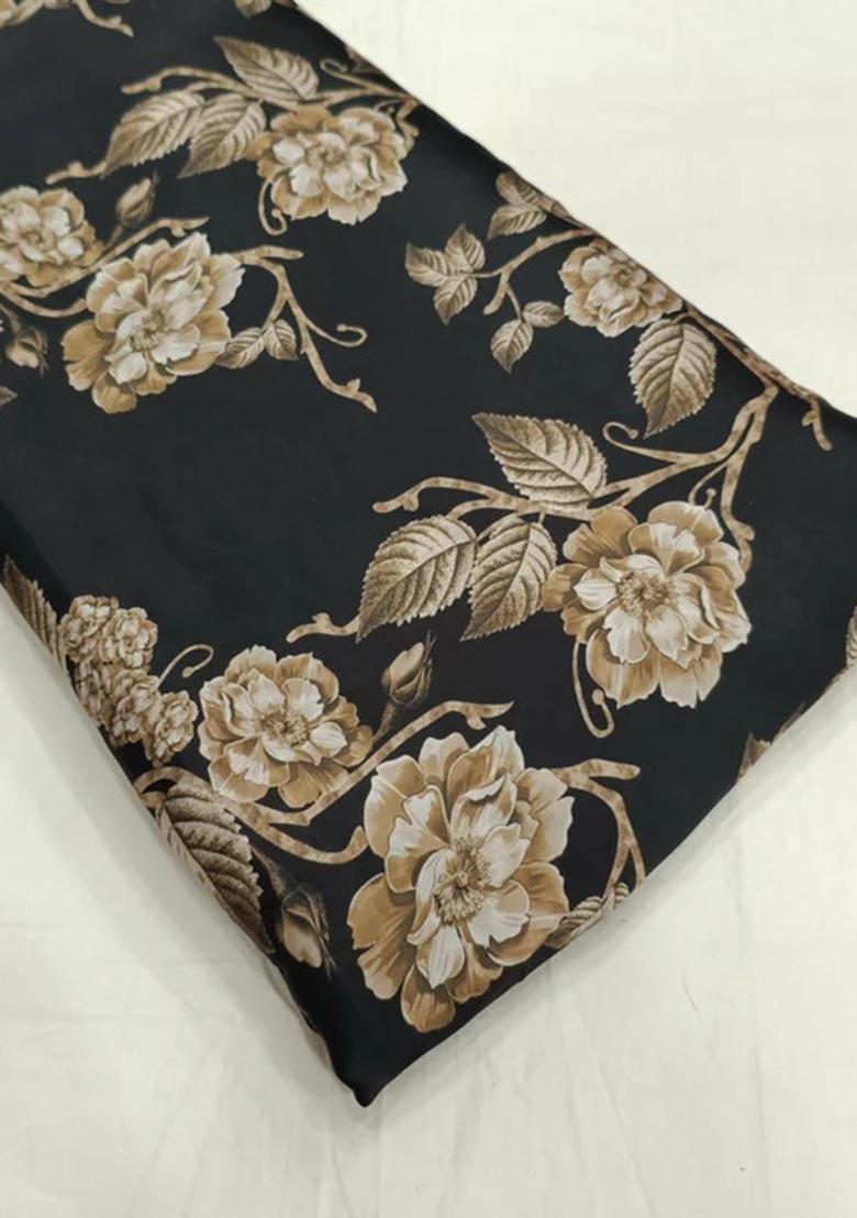 Black Printed Satin Pre Draped Saree Set - Indya