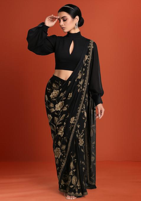 Black Printed Satin Pre Draped Saree Set