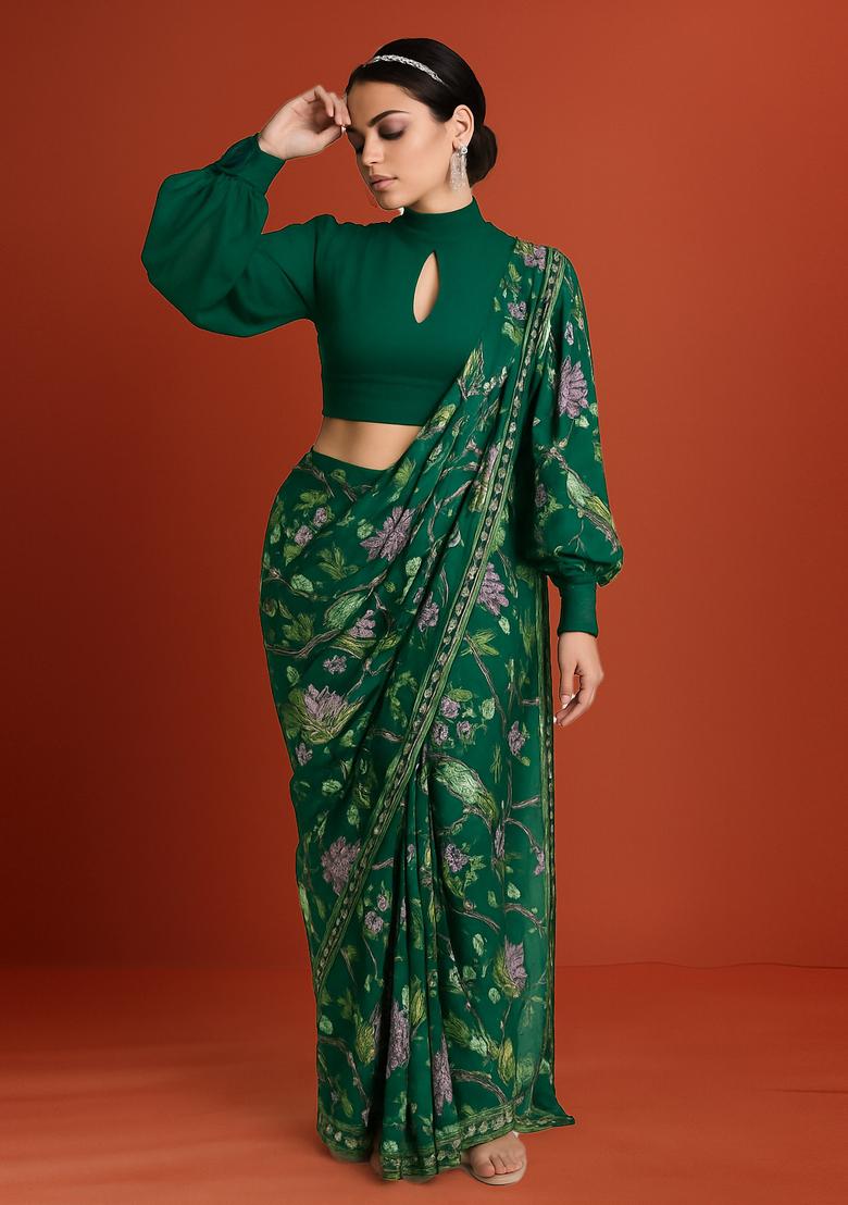 Green Printed Satin Pre Draped Saree Set