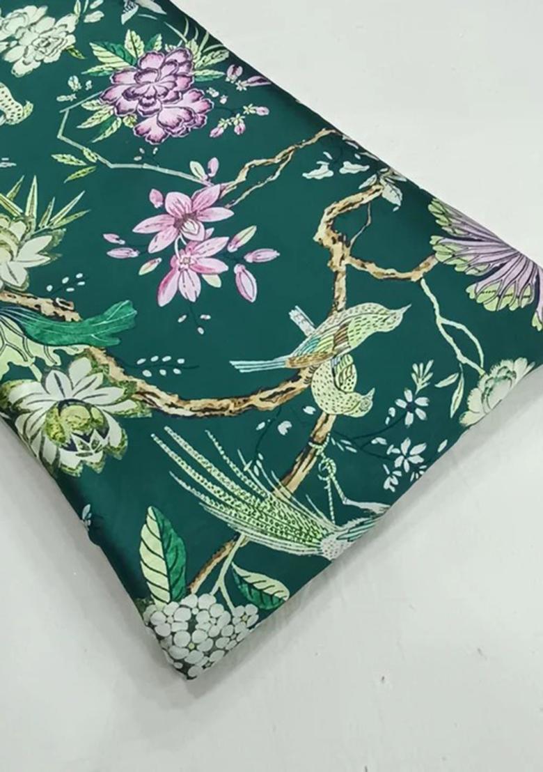 Green Printed Satin Pre Draped Saree Set