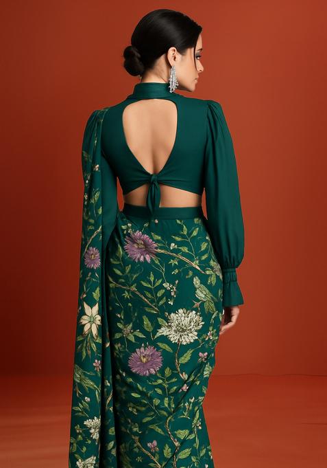 Green Printed Satin Pre Draped Saree Set