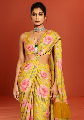 Yellow Printed Banarasi Silk Pre Draped Saree Set