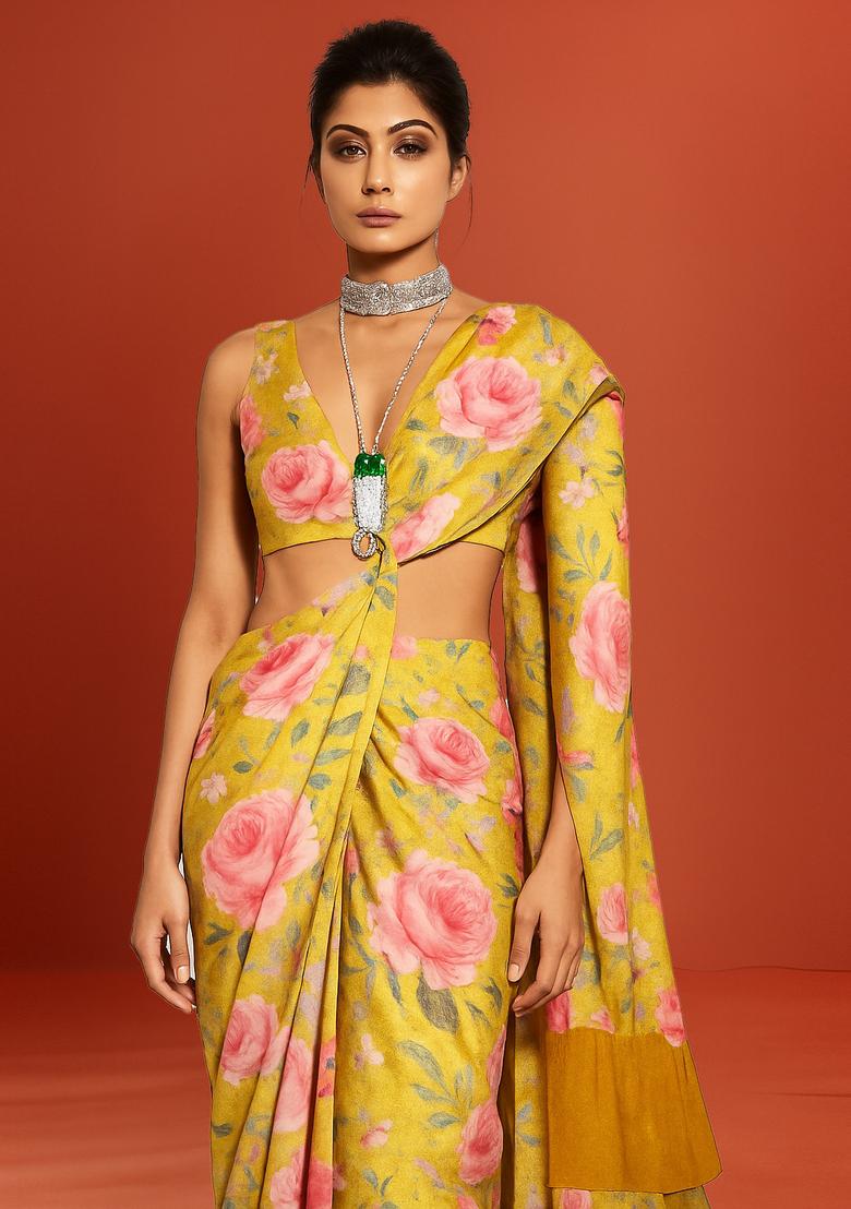 Yellow Printed Banarasi Silk Pre Draped Saree Set