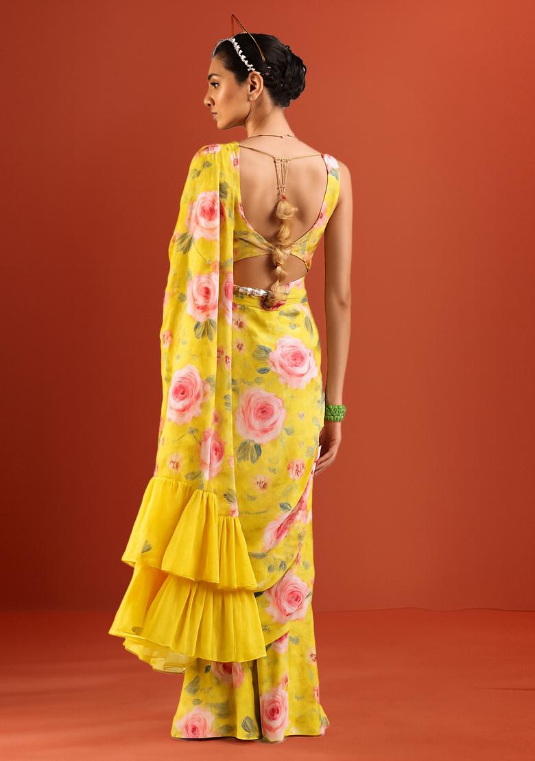 Yellow Printed Banarasi Silk Pre Draped Saree Set