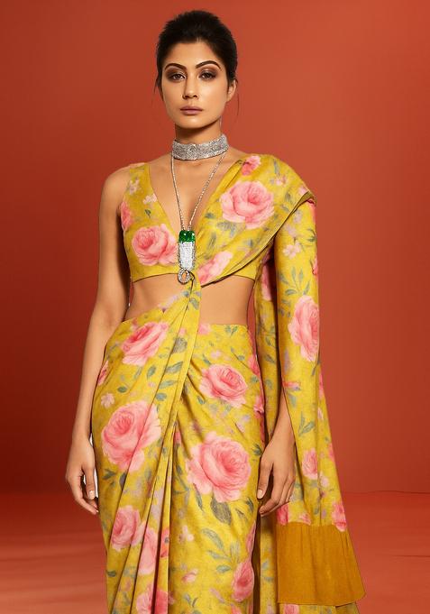 Yellow Printed Banarasi Silk Pre Draped Saree Set