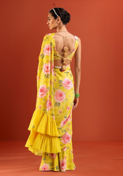 Yellow Printed Banarasi Silk Pre Draped Saree Set