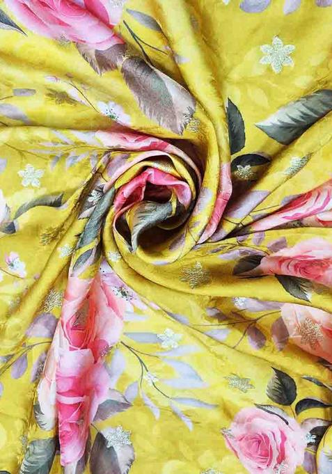 Yellow Printed Banarasi Silk Pre Draped Saree Set