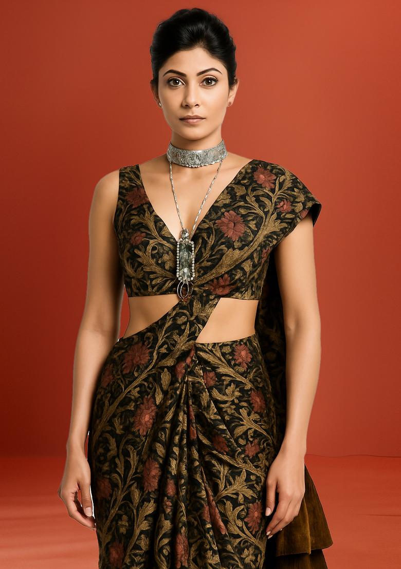 Black Embroidered Chiffon Pre Draped Saree Set