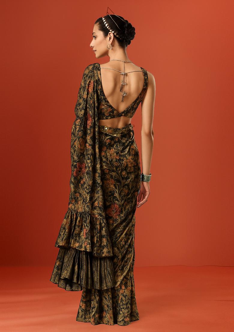 Black Embroidered Chiffon Pre Draped Saree Set - Indya