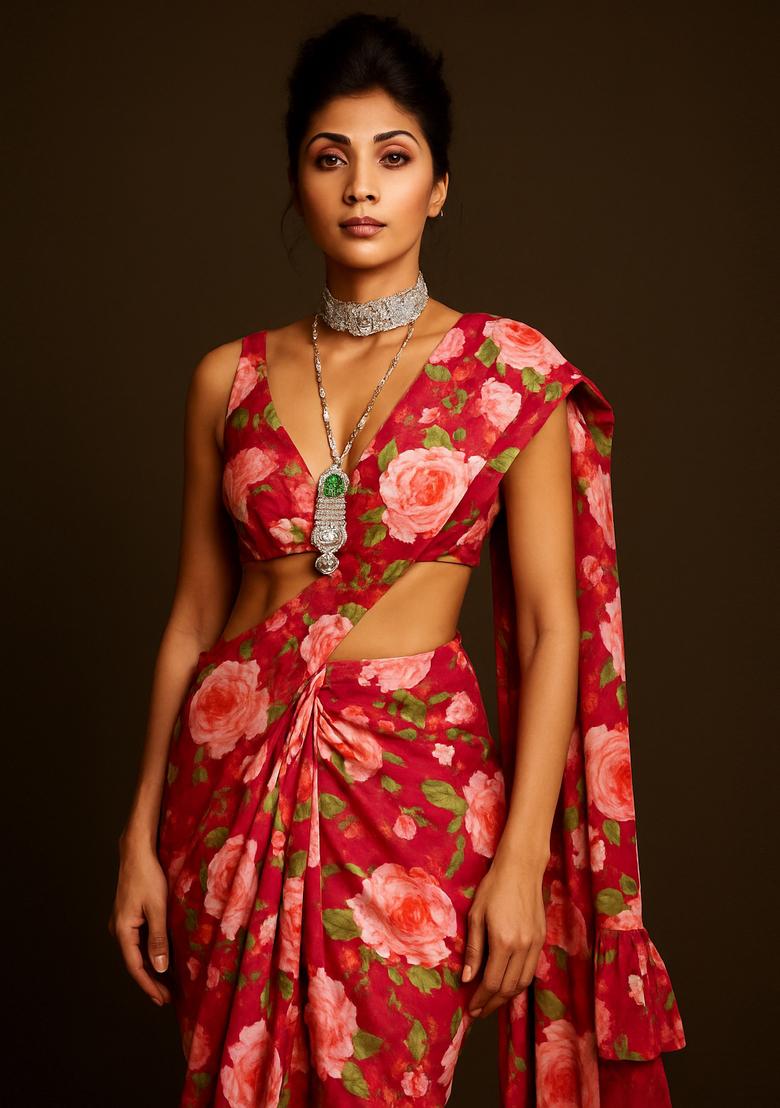 Red Printed Banarasi Silk Pre Draped Saree Set