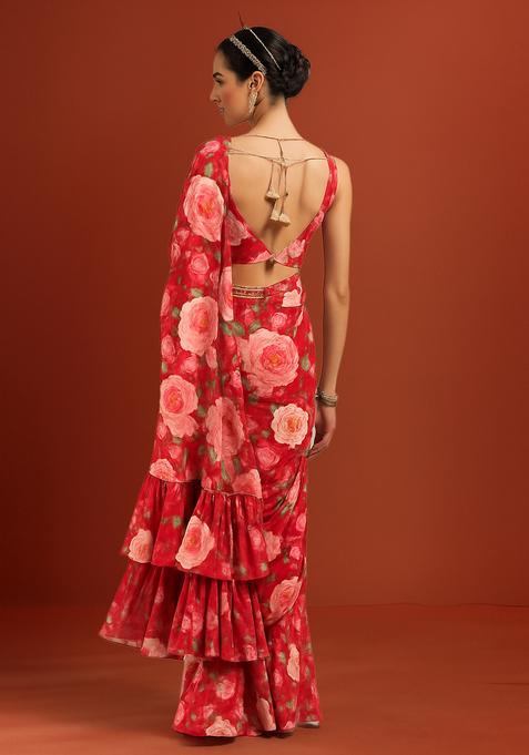 Red Printed Banarasi Silk Pre Draped Saree Set