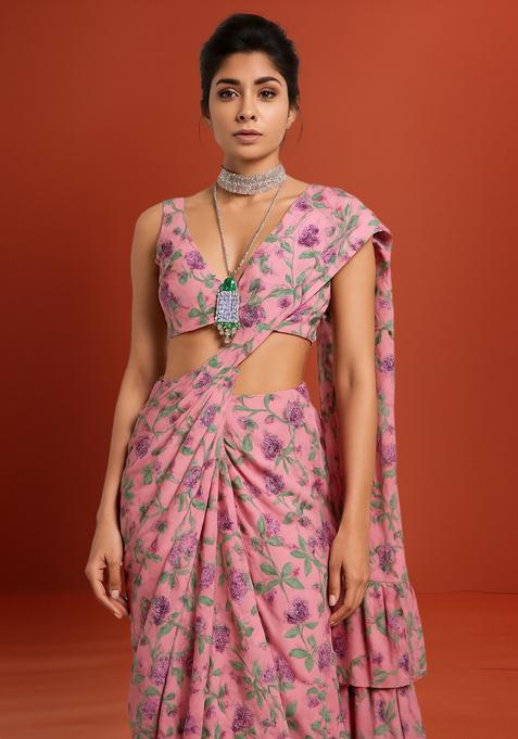 Pink Printed Satin Pre Draped Saree Set