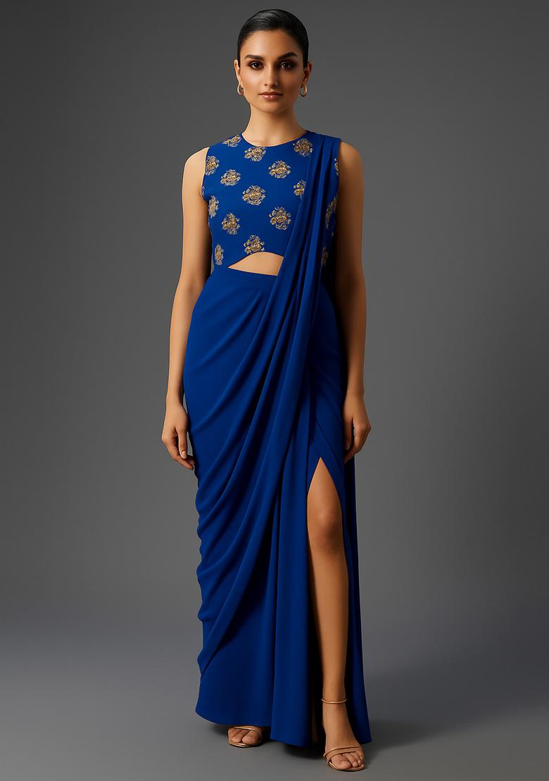 Blue Embroidered Blouse Silk Pre Draped Saree Set - Indya