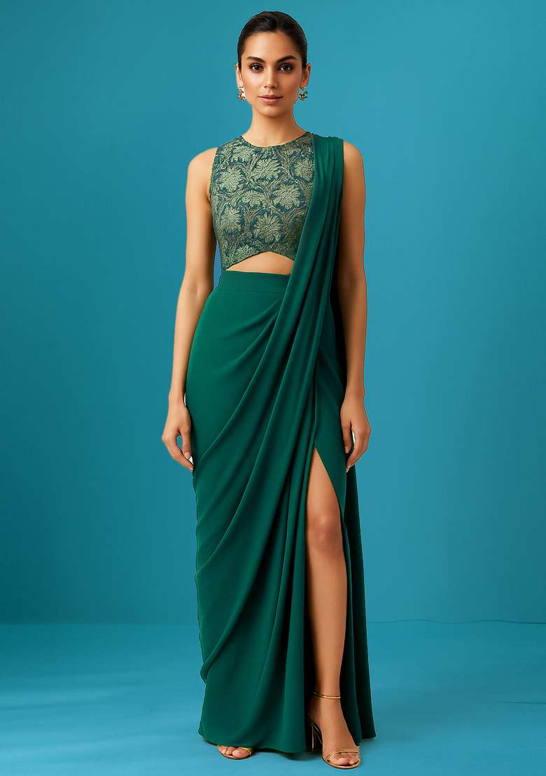 Green Blouse Brocade Pre Draped Saree Set for Diwali | Wedding & Festive Wear - Indya