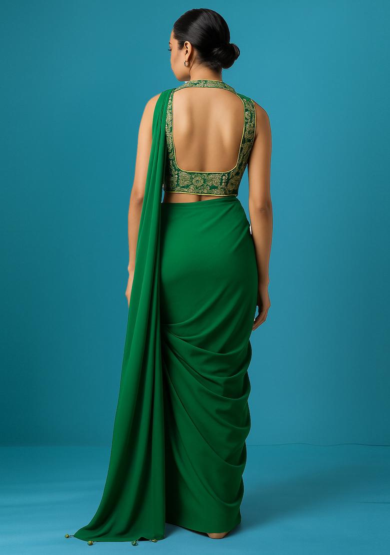 Green Jacquard Banarasi Silk Pre Draped Saree Set - Indya