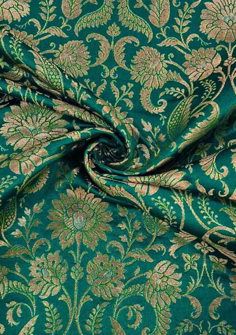 Green Blouse Brocade Pre Draped Saree Set for Diwali | Wedding & Festive Wear - Indya