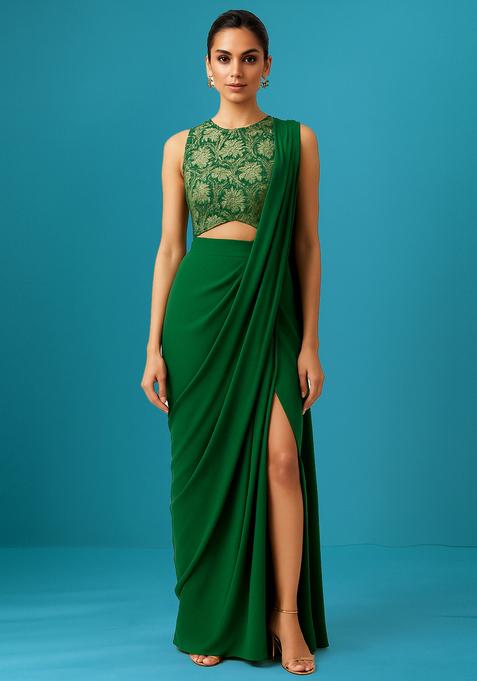 Green Brocade Blouse Pre Draped Saree Set