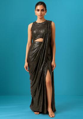 Black Solid Chiffon Pre Draped Saree Set