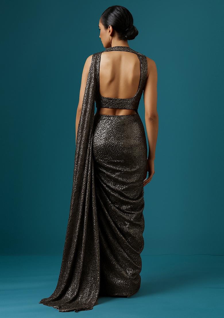 Black Solid Chiffon Pre Draped Saree Set - Indya