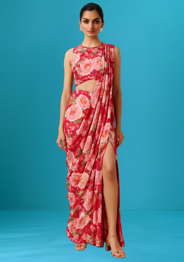 Red Printed Satin Pre Draped Saree Set