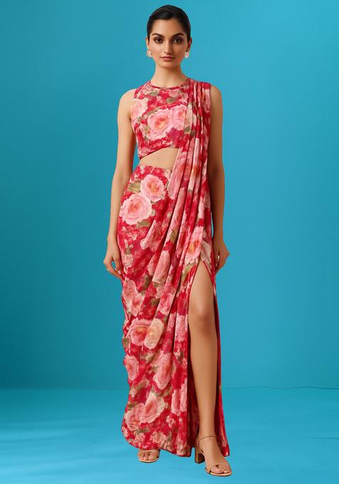 Red Printed Satin Pre Draped Saree Set