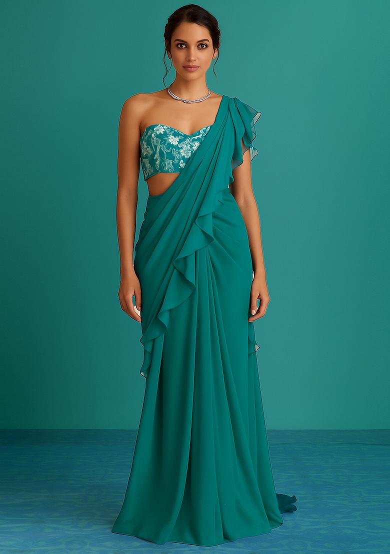 Green Sequin Embroidered Blouse Organza Pre Draped Saree Set