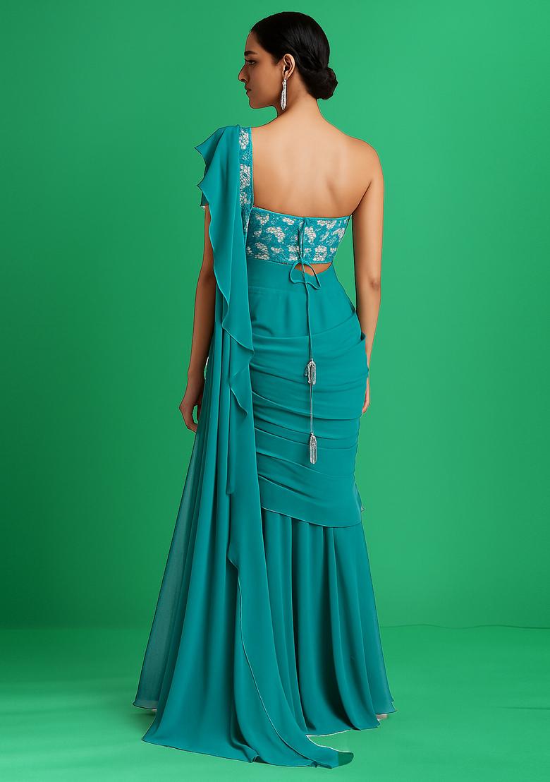 Green Sequin Embroidered Blouse Organza Pre Draped Saree Set