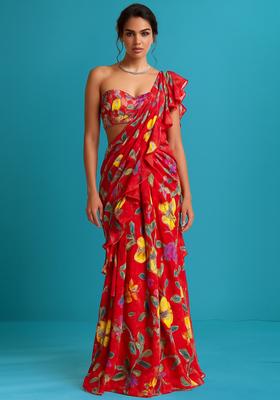 Red Printed Organza Pre Draped Saree Set