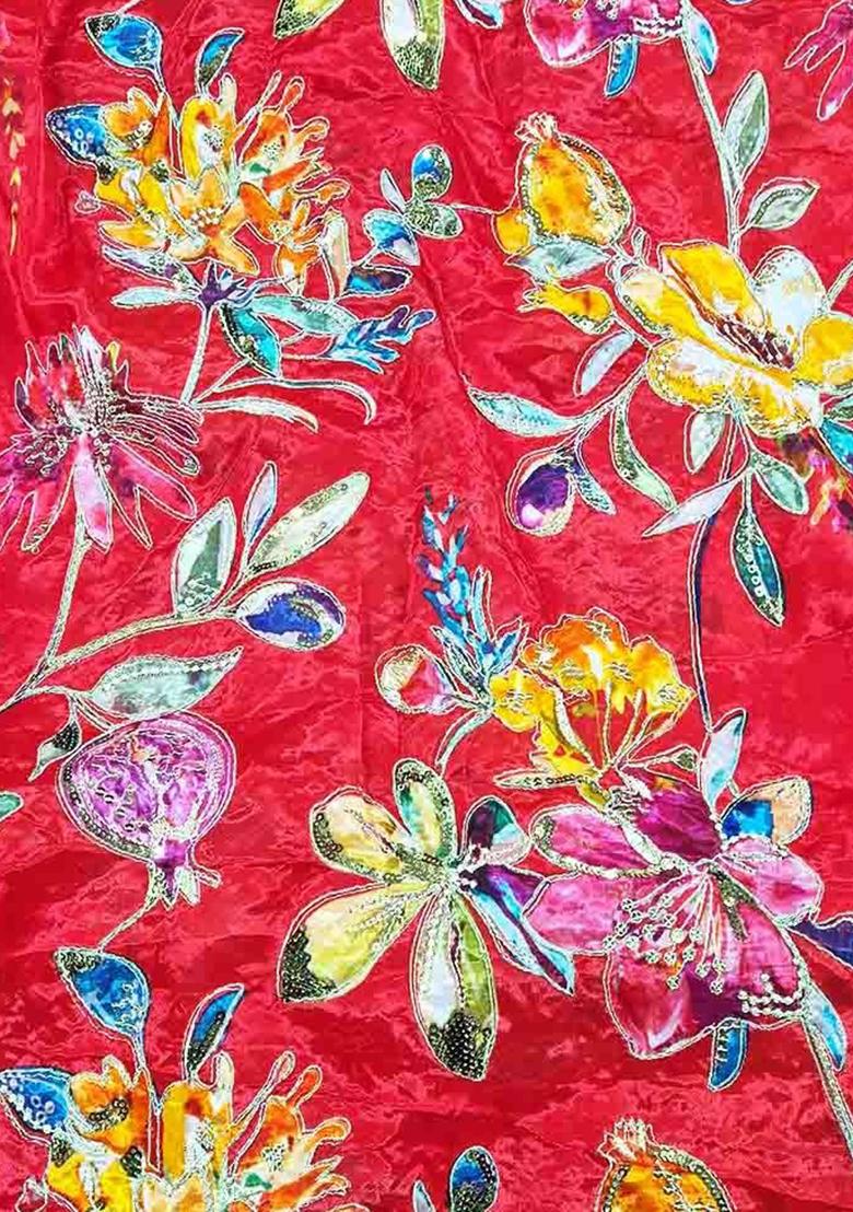 Red Printed Organza Pre Draped Saree Set