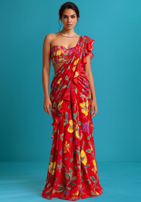 Red Printed Organza Pre Draped Saree Set