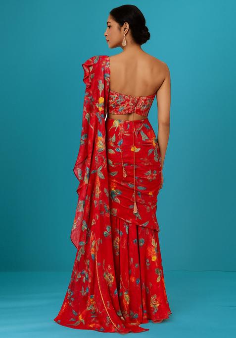 Red Printed Organza Pre Draped Saree Set