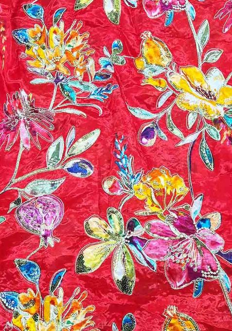 Red Printed Organza Pre Draped Saree Set