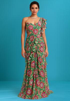 Green Printed Organza Pre Draped Saree Set