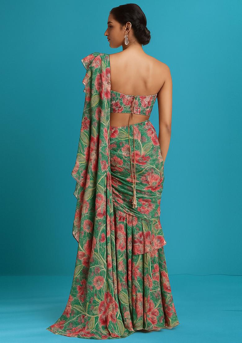 Green Printed Organza Pre Draped Saree Set