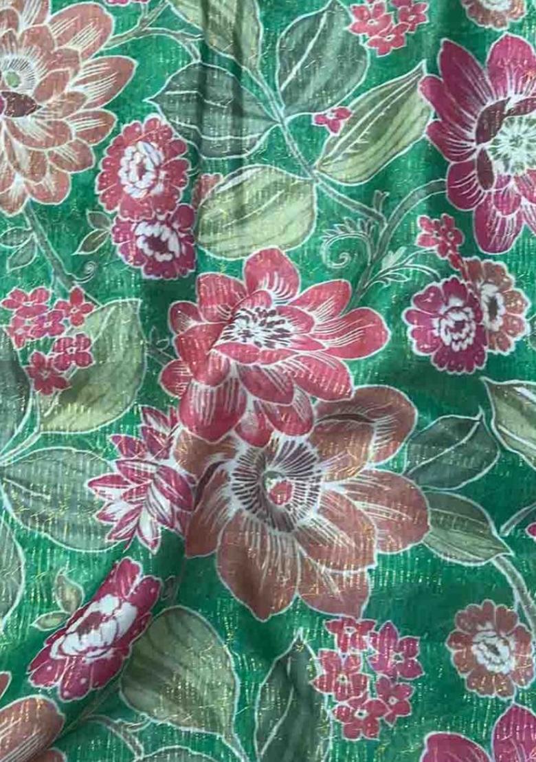 Green Printed Organza Pre Draped Saree Set