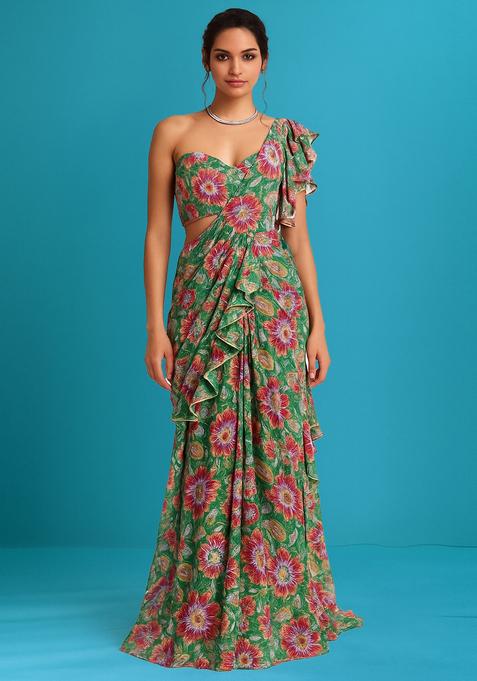 Green Printed Organza Pre Draped Saree Set