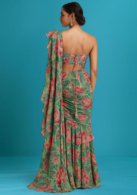 Green Printed Organza Pre Draped Saree Set