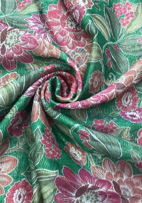 Green Printed Organza Pre Draped Saree Set