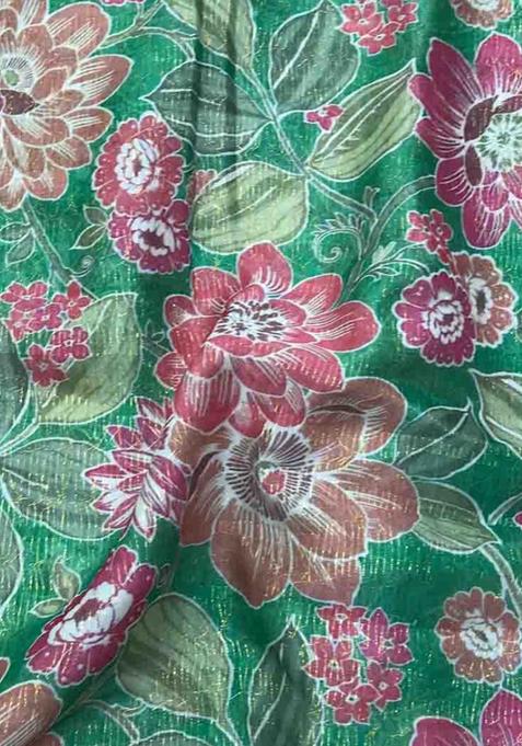 Green Printed Organza Pre Draped Saree Set