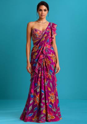 Pink Sequin Embroidered Organza Pre Draped Saree Set