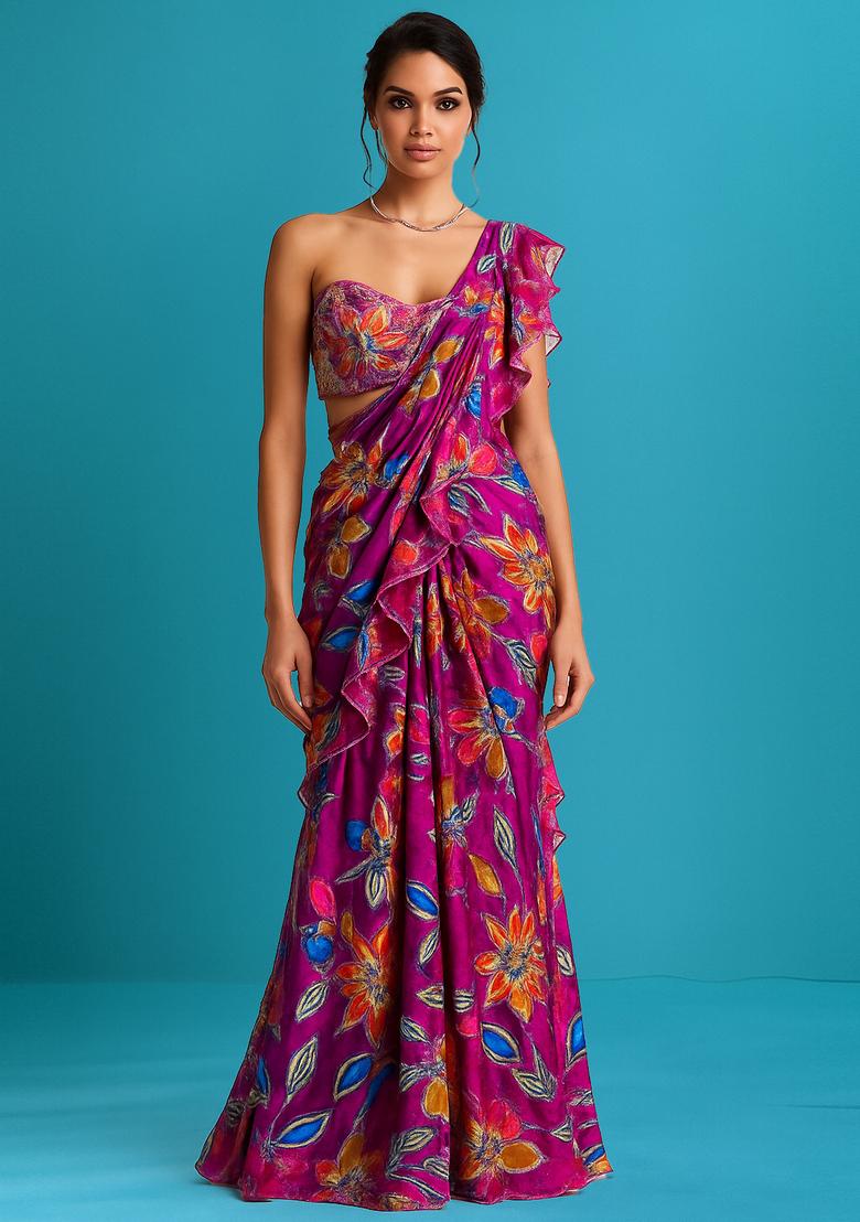 Pink Sequin Embroidered Organza Pre Draped Saree Set